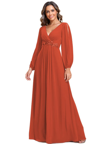 Ever-Pretty  Long Sleeves Floor Length  Chiffon Formal Dress