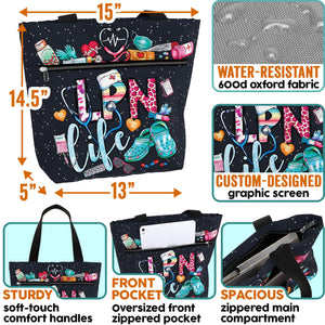 Waterproof LPN Tote Bag with Pockets and Zipper for Work